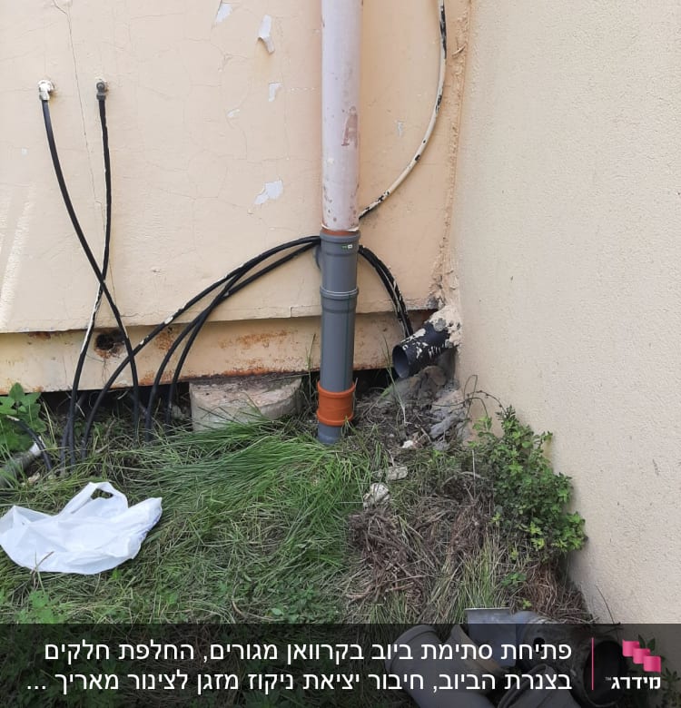 צינור ביוב מחובר לקיר עם צינורות נוספים על הקרקע